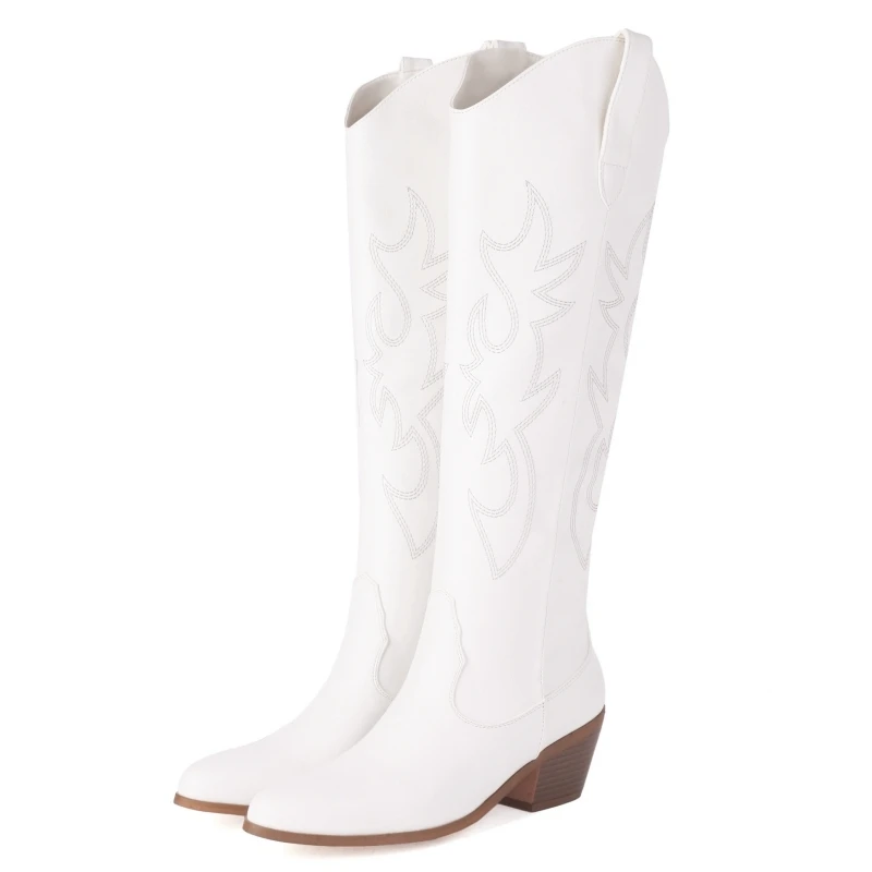 White Women's Knee High Boots 2023 Winter Western Cowboy Cowgirls Boot Black Leather Wedge Heel Embroider Party Shoes Ladies