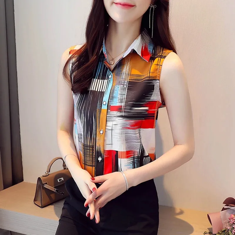 Casual Loose Women\'s Shirt Summer Sleeveless Chiffon Blouse for Women Fashion Turn Down Collar Printed Tops Lady Clothes 9456 50