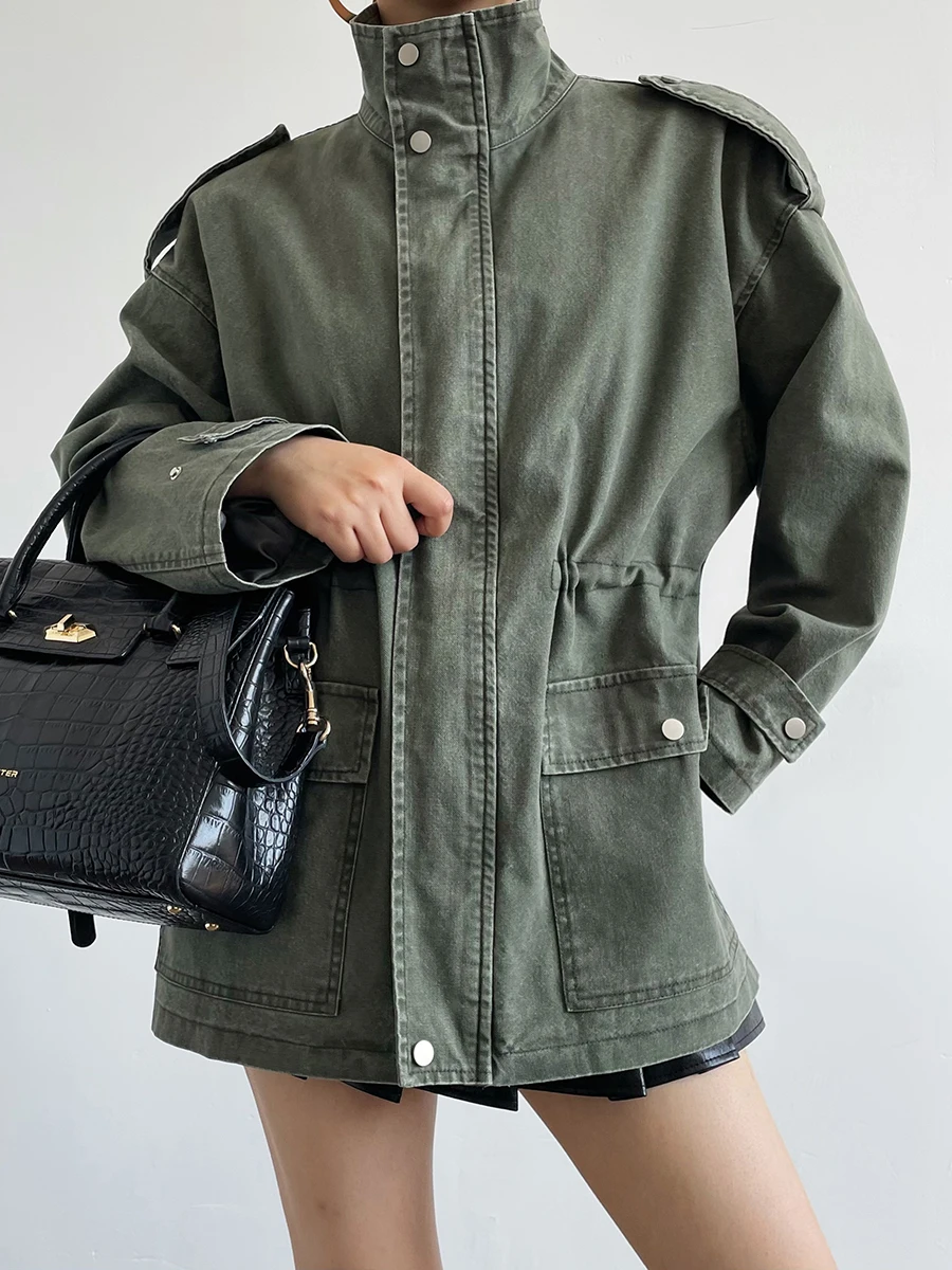 

Loose Workwear Jaet Women's Adjustable Waist Stand Collar Street Sle Long Sve Mid-Length Zipper Closure Color