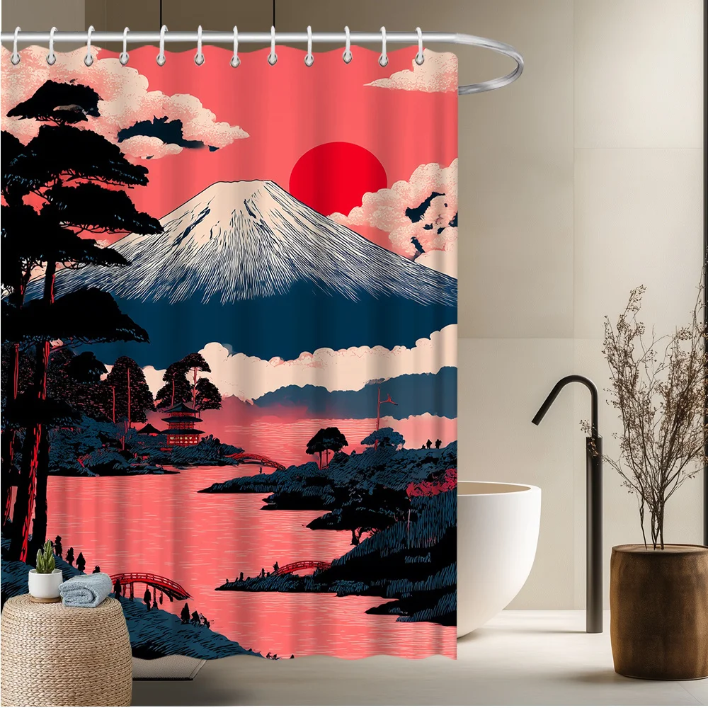 

1pc Japanese Landscape Shower Curtain - Traditional Mount Fuji Pagoda Sunset & Serene Red Sky Art, 70.8x70.8 Inch Polyester Fabr