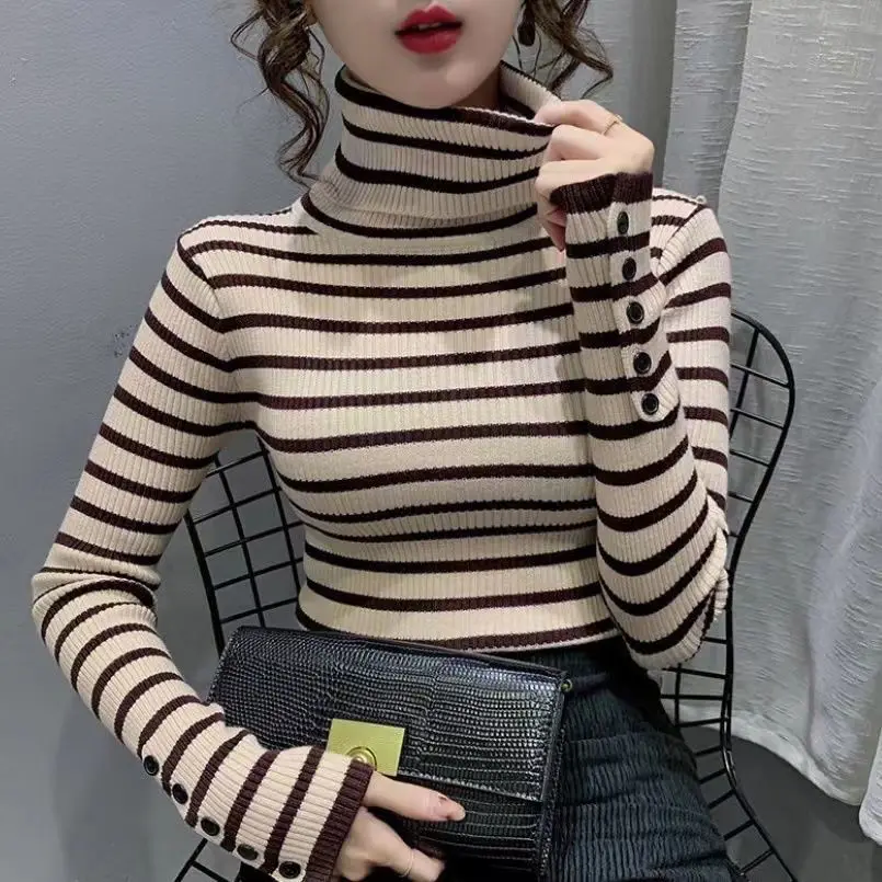 2024 New,Autumn Winter Turtleneck Button Striped Knit Sweaters, Women\'s Clothing, Stylish Knitted Pullovers, Girls Jersey Tops