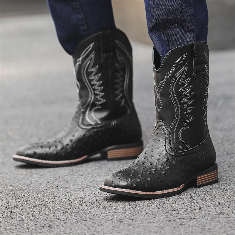 Retro Men's Boots Wide Toe Western Boots Embroidery Mid-calf Boots Slip on Outdoor Casual Shoes Handmade Square Toe Cowboy Boot