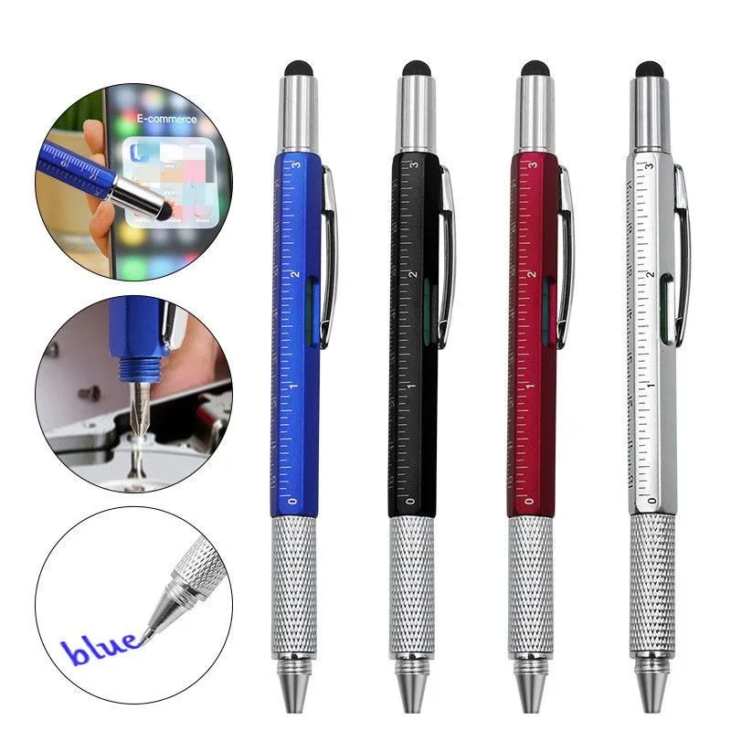 7 in 1 Multifunctional Pen Touch Screen Stylus Capacitive Pen with Screwdriver Ruler Levelgauge Refillable Ballpoint Pencil Tool