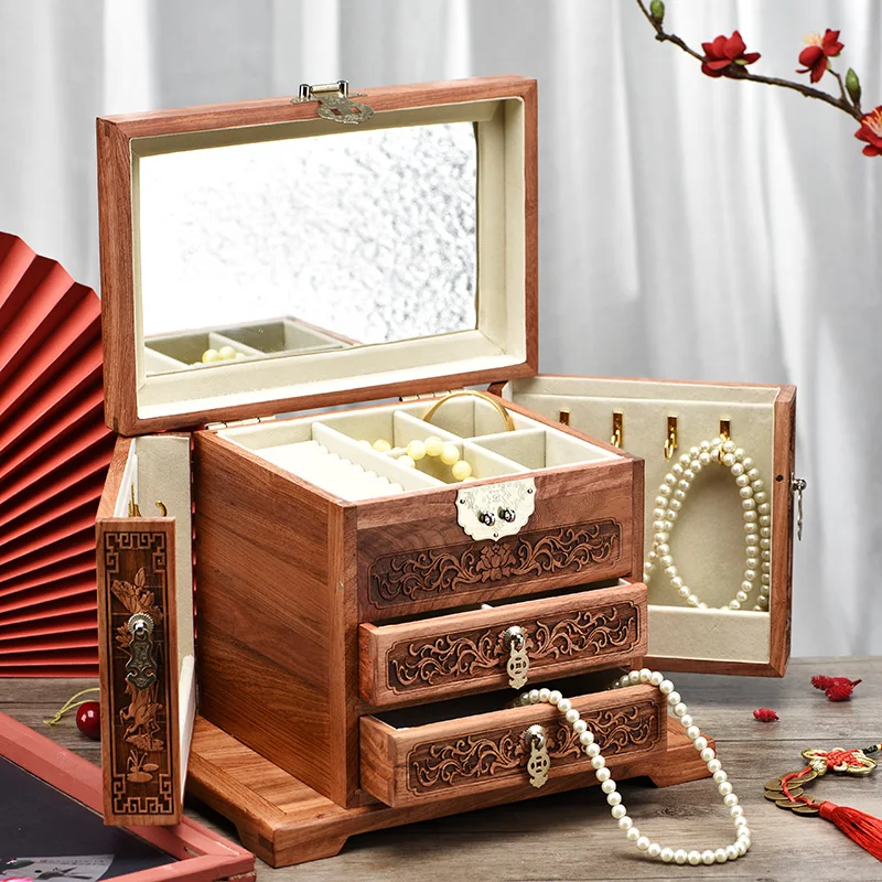 Burmese Rosewood Chinese Style Red Wood Jewelry Box Vintage Chinese Style Carved Jewelry Storage Box Wedding Gift