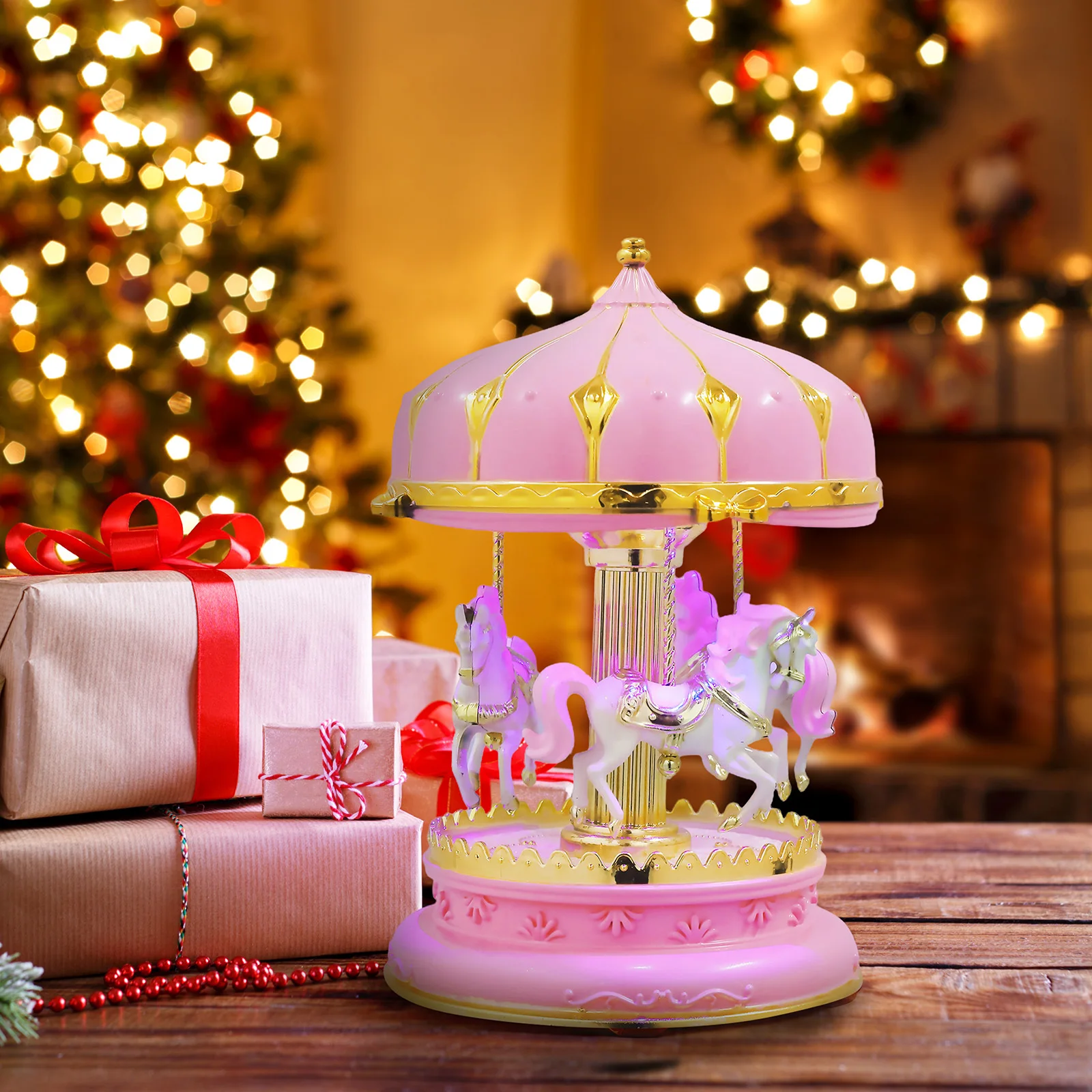 

Glittering Carousel Music Box Pink Rotating Horse Creative Adornment Romantic Valentine Gift Collector Item Rotating Music Box
