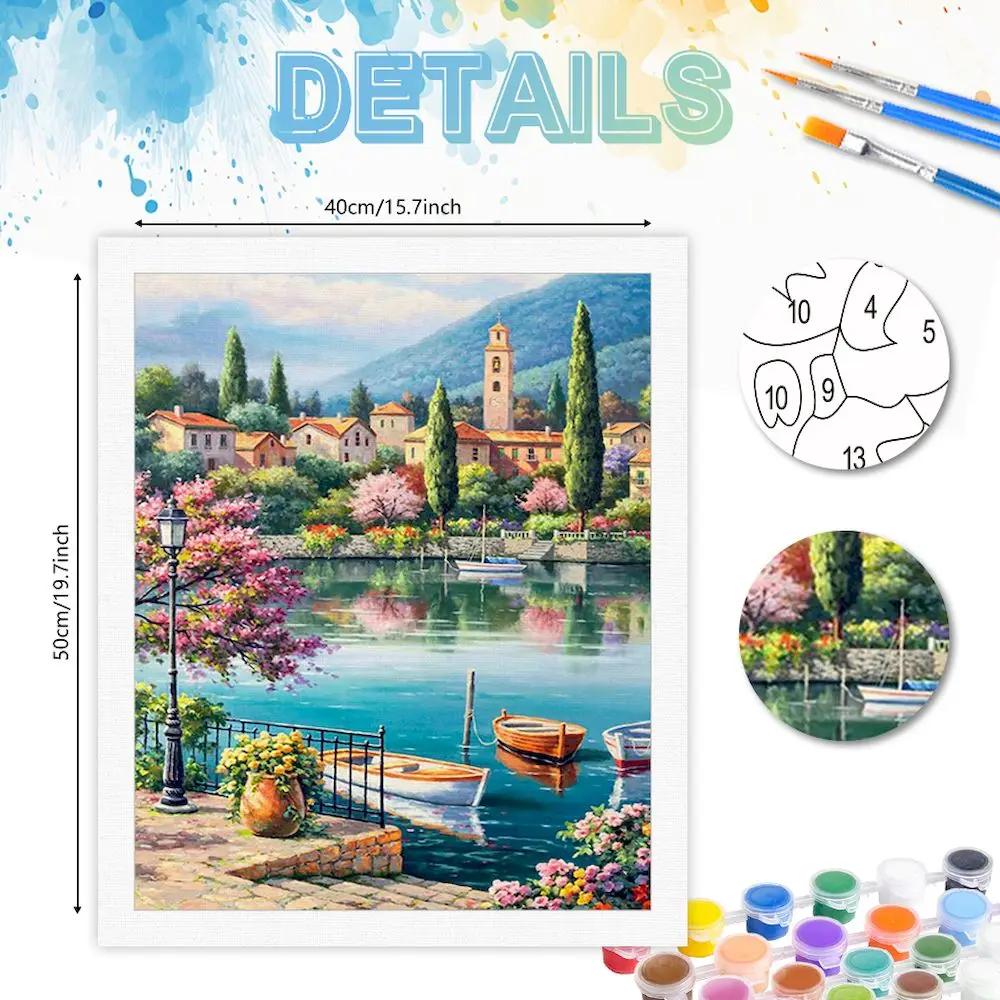 PhotoCustom DIY Oil Paint Paintings By Numbers Town Landscape Picture Drawing By Numbers Canvas Coloring By Numbers Acrylic Pain