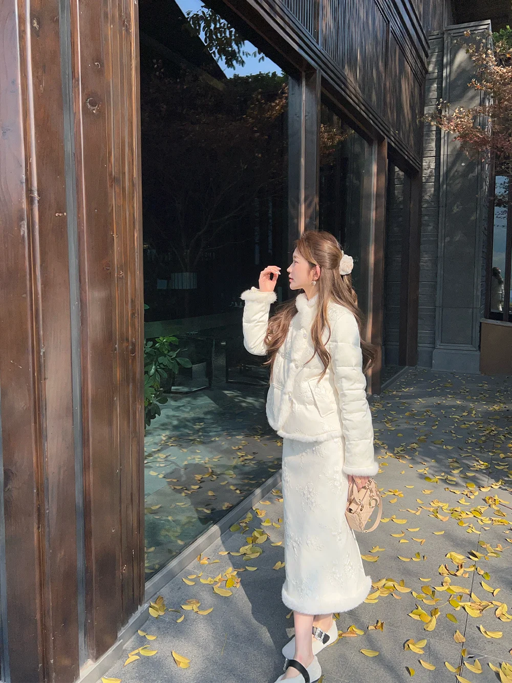 

NMIOK 90 White Du down New Chinese Sle National Trend Rabbit Fur Patchwork Jaet Set Women's Cotton Lined Skirt