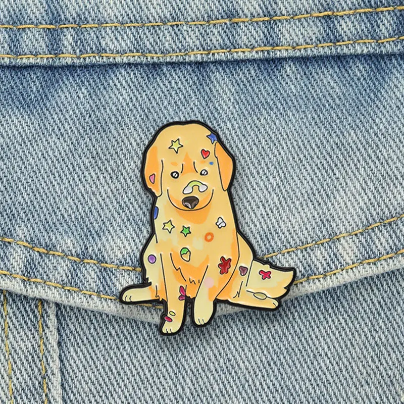 Cute Golden Retriever Badge Colorful Star Heart Pattern Puppy Enamel Pin Cartoon Animal Brooch Accessories Decor