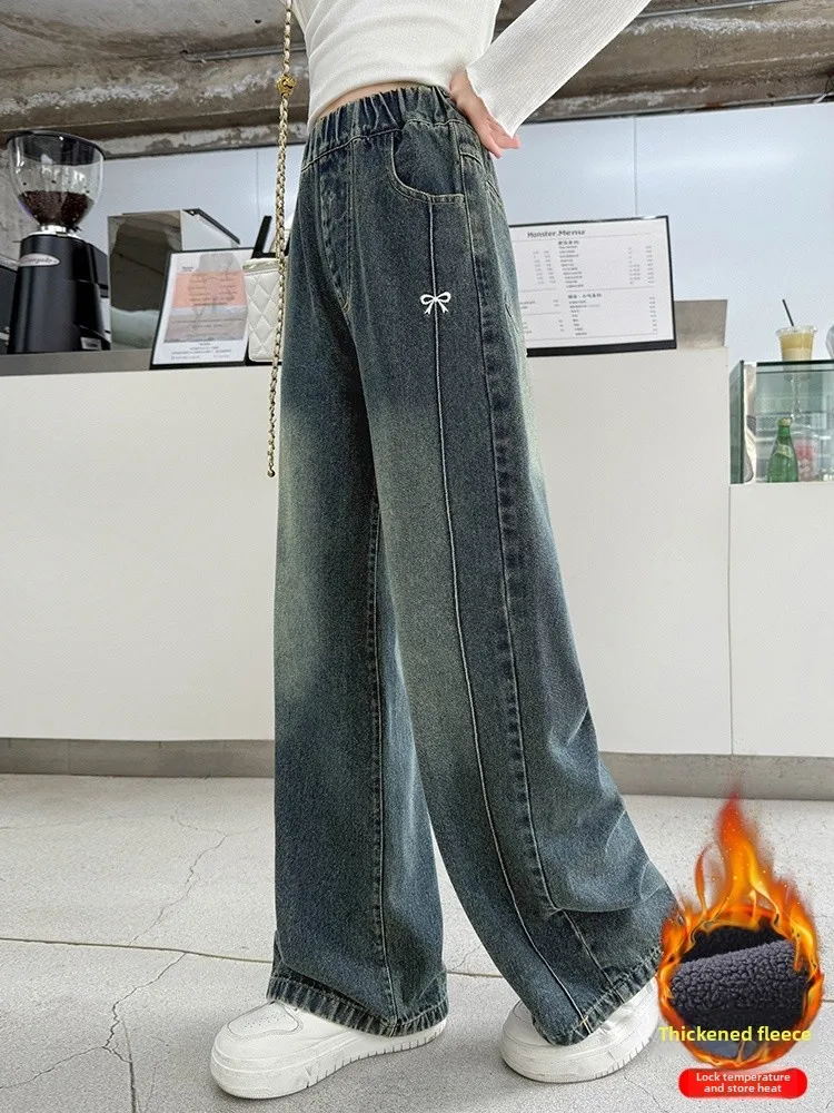 

Thiened Denim Pants for Girls Autumn Winter Faion Korean Sle Embroidered Wide Leg Pants with Elastic Waist