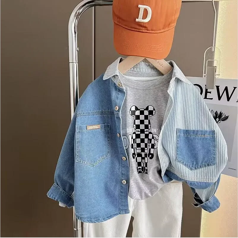 

Children's Shirt Spring and Autumn New Boys' Stripe Contrast Soft Denim Shirt Baby Thin Top Korean casual coat