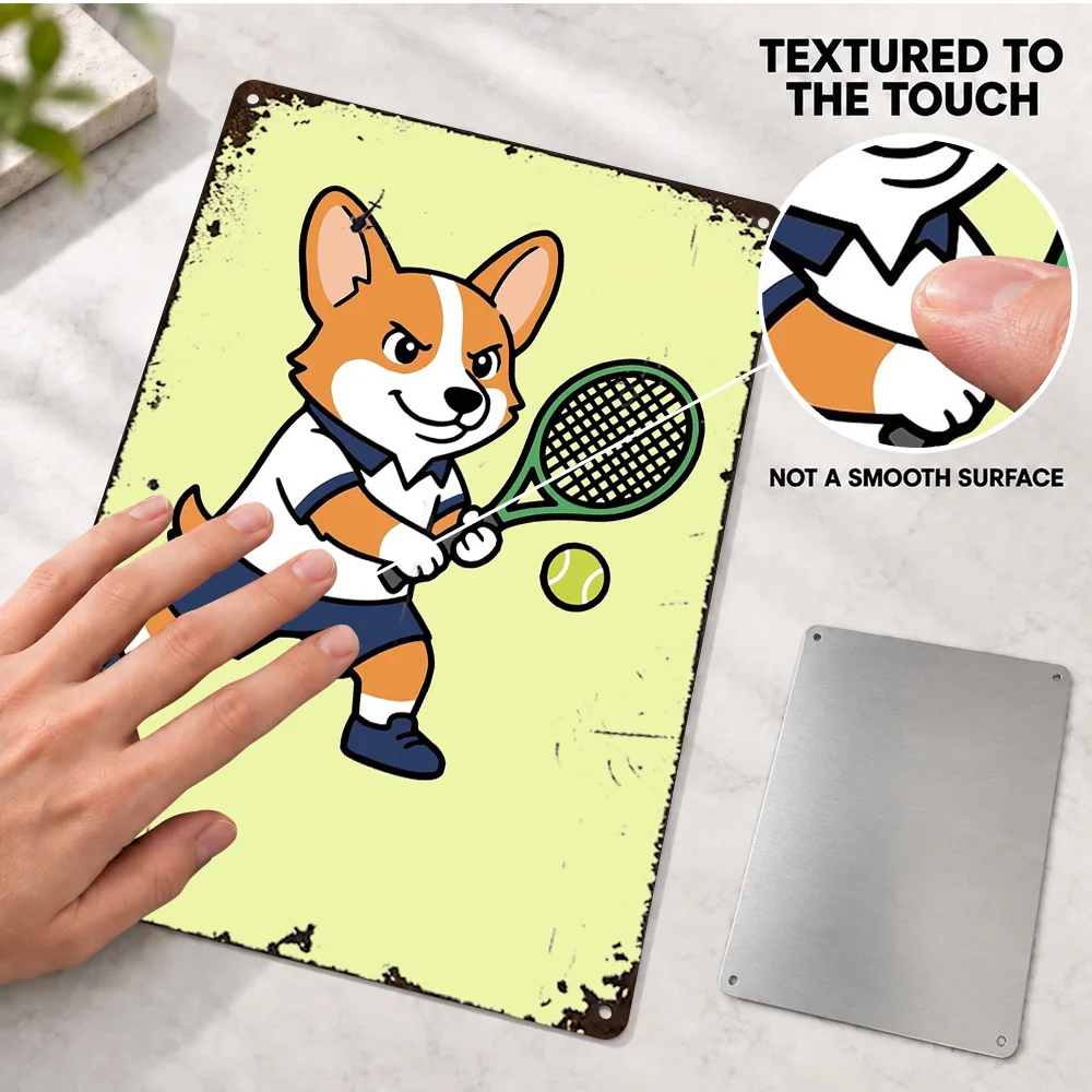 Cute Corgi Playing Tennis Cartoon Textured Metal Poster Customized Aluminum Sign Whimsical Illustration Wall Art For Playroom