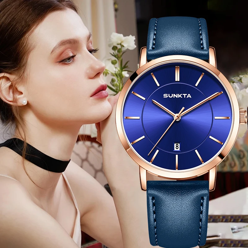 Sunkta moda ao ar livre elegante mulher relógio casual esporte pulseira de couro quartzo relógio de pulso feminino senhoras presente relogio feminino + caixa