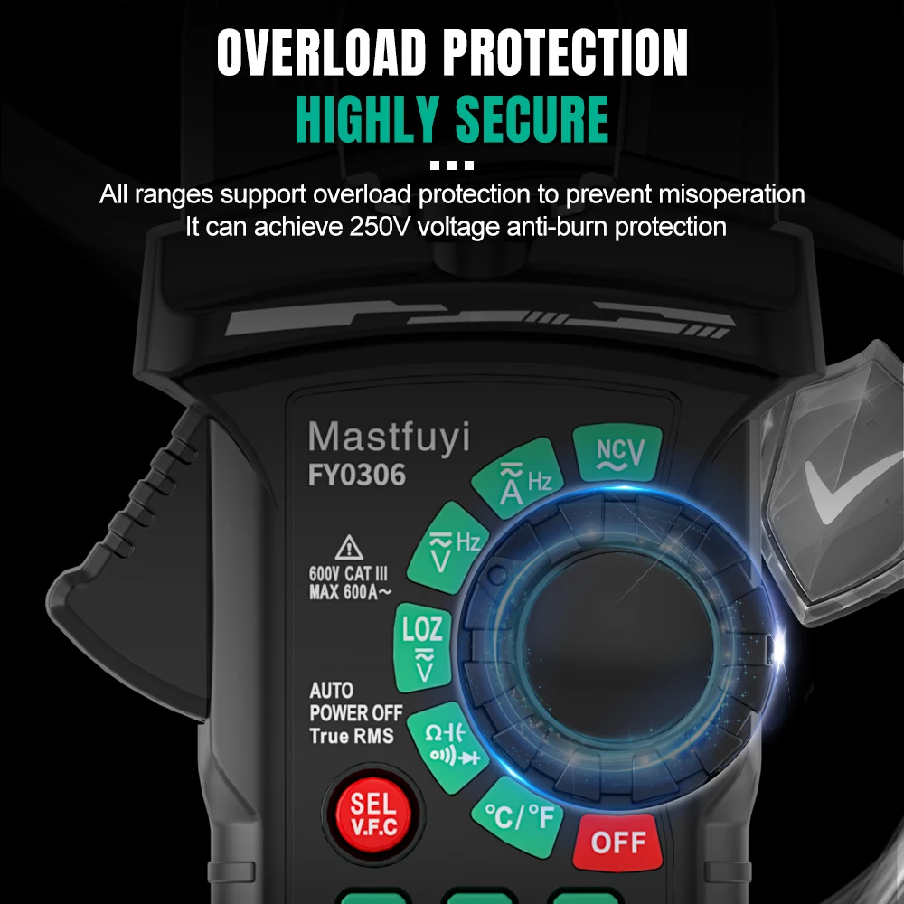 MASTFUYI 600A True RMS Digital Clamp Meter Multimeter 600V AC/DC Voltmeter Ammeter Inrush Current Capacitance NCV Ohm Hz Tester