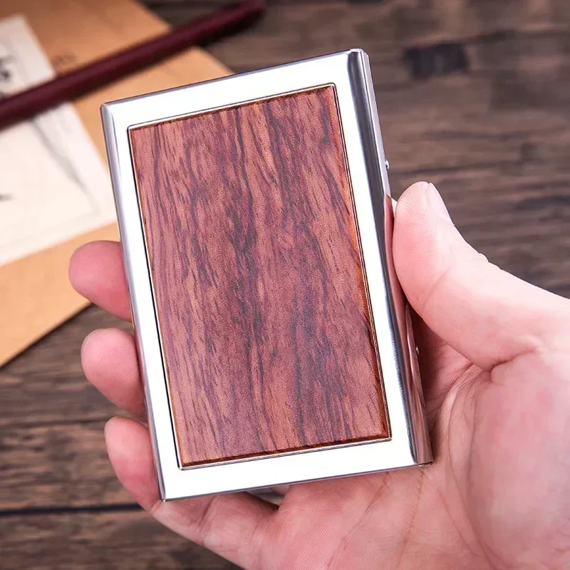 Custom Logo Organ Multi-layer Wooden Stainless Steel Business Cardcase Laser Walnut Wood Rosewood Personalized Card Box Case