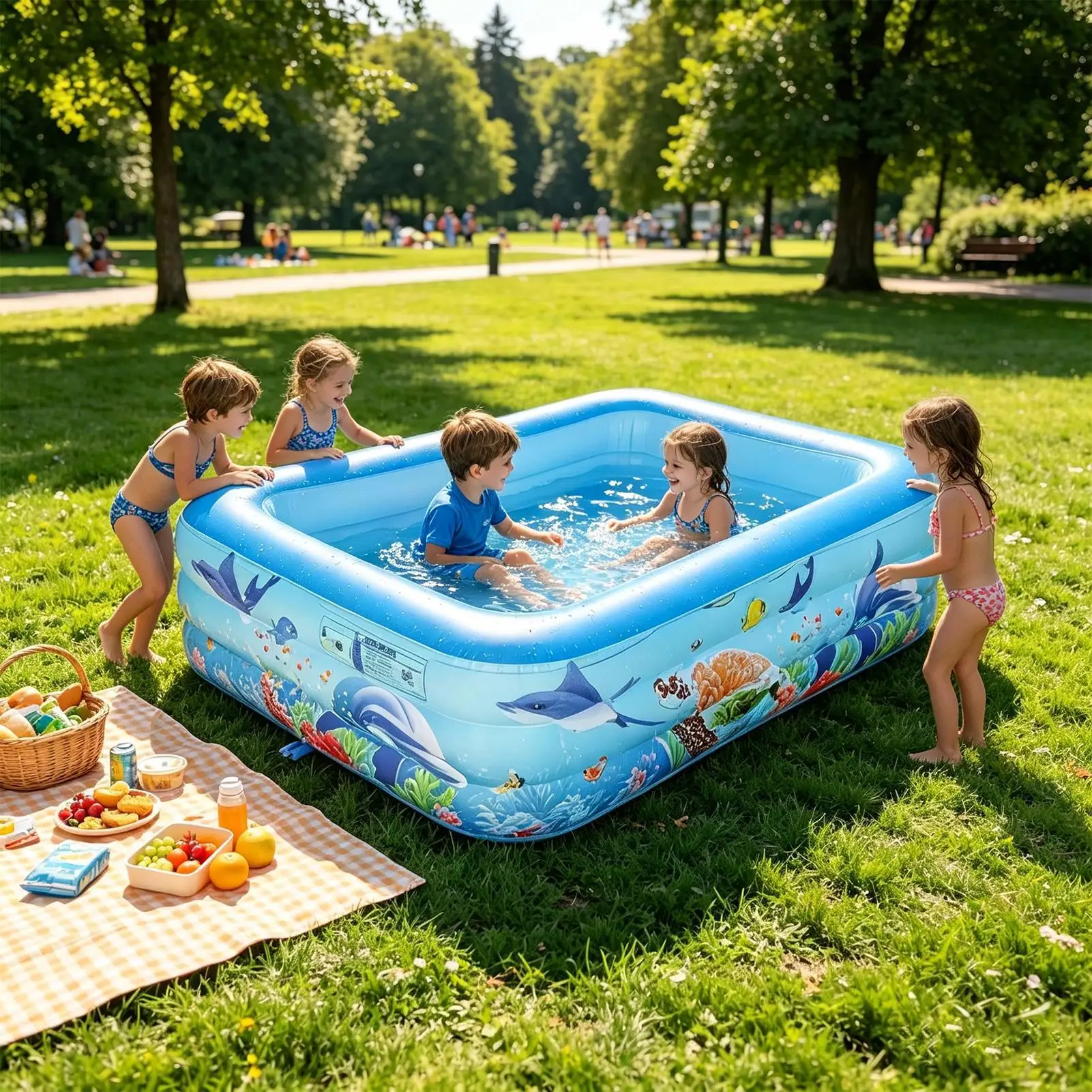 Portable Inflatable Swimming Kiddie Pool Blow Up Pool 55x35x17 Inches Rectangle for Backyard Outdoor Outside Summer Camping