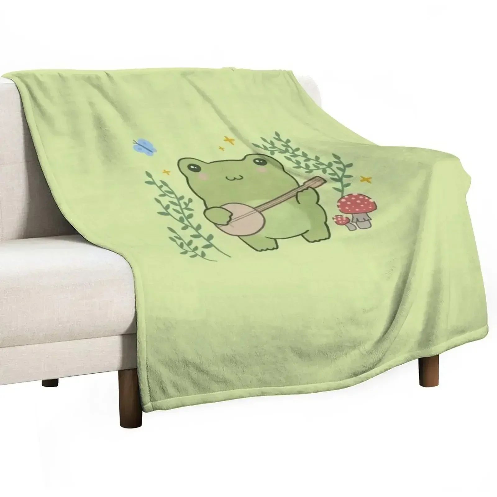 

Cute Kawaii Frog Playing Banjo - Toad Plant Fungi Blue Butterfly - Cottagecore Aesthetic Mushroom - Chubby Phrog Throw Blanket