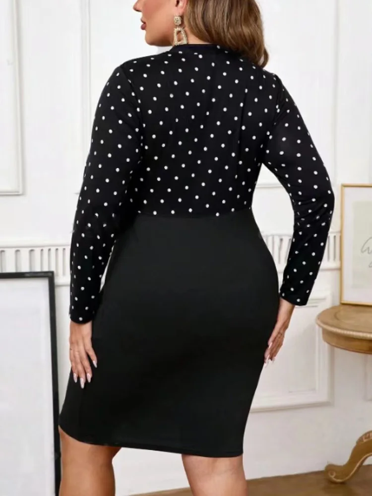 GIBSIE Plus rozmiar czarna dekolt w serek Polka Dot Mini sukienka damska jesień z długim rękawem elegancka biurowa, damska obcisła sukienka bez paska