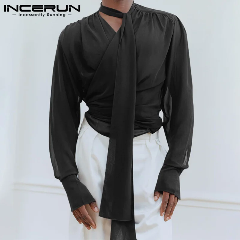 

INCERUN Tops 2024 American Style Men's Perspective Thin Bow Tie Knot Design Shirts Casual Fashion Male Long Sleeved Blouse S-5XL