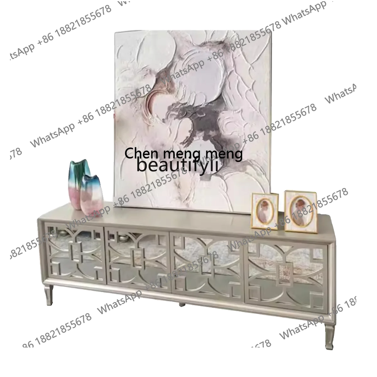 

American Light Luxury TV Storage Champagne Living Room Curio Cabinet Modern Small Apartment Mirror TV Cabinet