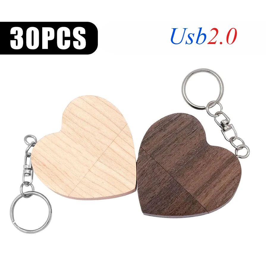

30pcs USB 2.0 wooden heart Flash Drive Pendrive 64GB 32GB 16GB 4GB U Disk Memory Stick photography gifts free custom logo