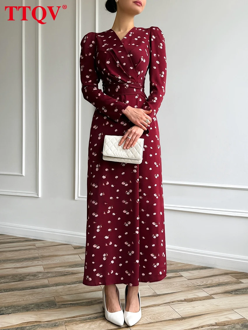

TTQV Fashion Loose Print Women's Dress 2026 Spring V-Neck Long Sleeve Ankle Length Dresses Lady Elegant High Waist Female Dress