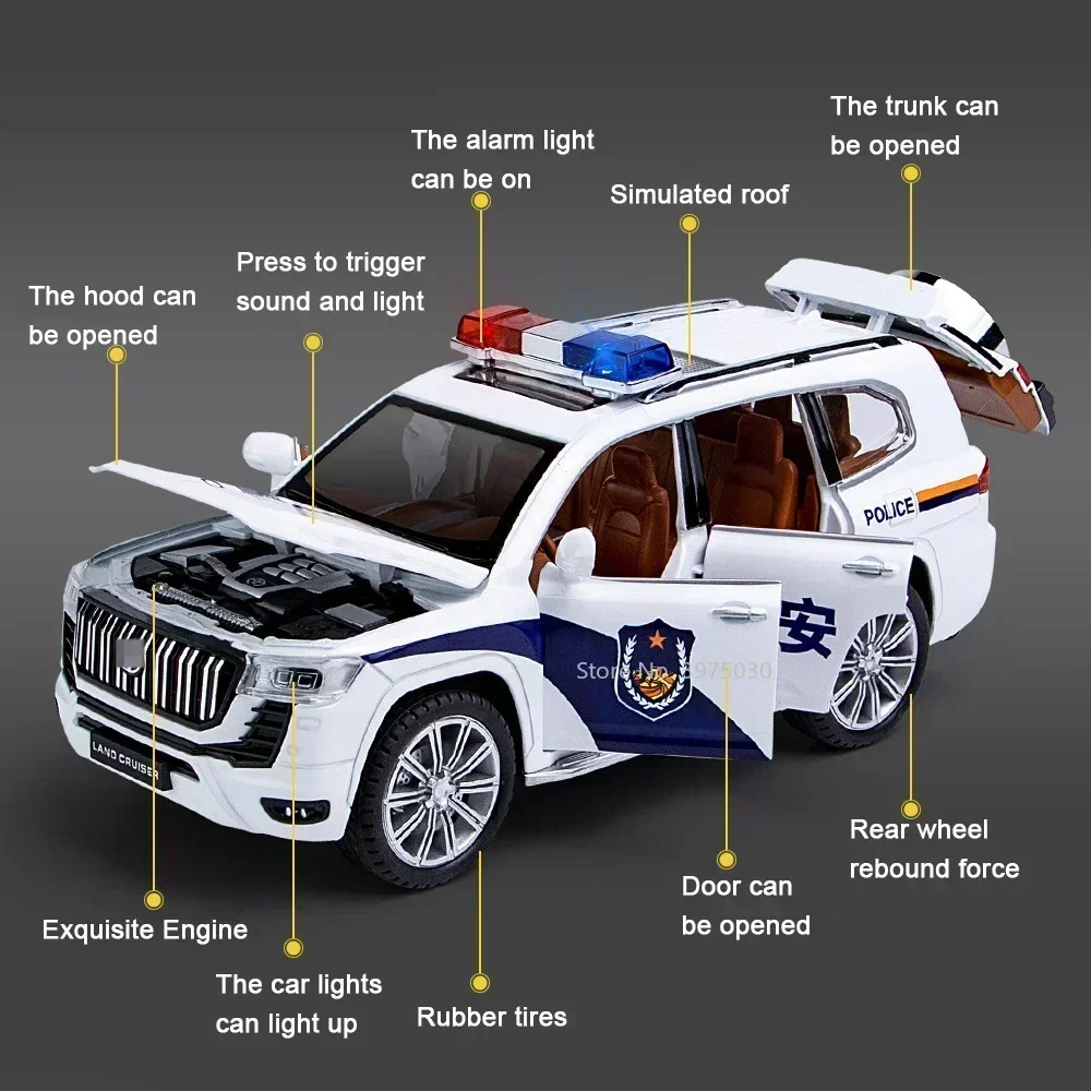 1:24 prado carro de polícia suv liga diecasts modelo brinquedo simulação carro com som e luz puxar para trás brinquedo para presentes coleção