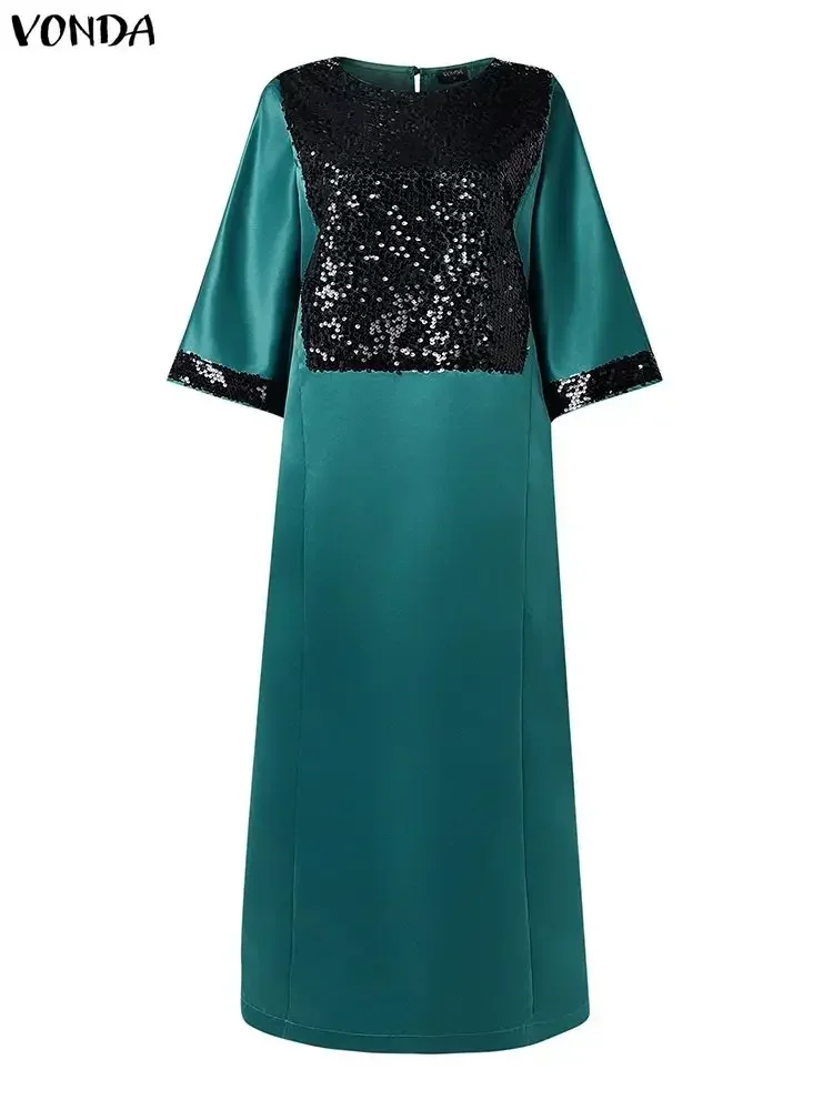 Abito da donna taglie forti VONDA Bohemian Party Abiti lunghi Splicing con paillettes Maxi abiti da donna Moda manica 3/4 Abito in raso 5XL