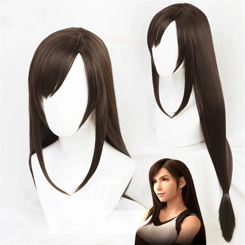 Tifa Lockhart Cosplay Pruik Lange Unisex Rechte Zwart en Bruin Pruik Hittebestendige Synthetische Anime Pruiken