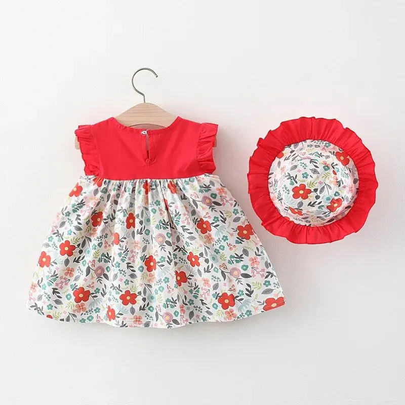 New Summer Baby Girl Floral Dress Girl Sleeveless Pure Cotton Newborn Birthday Dress Comes with Sun Hat