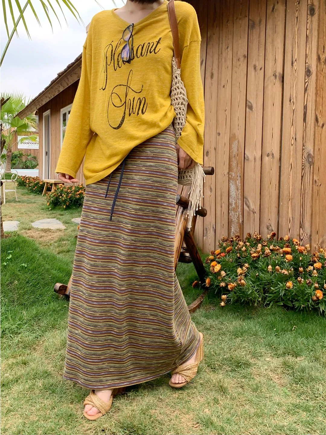 

Стильная женская юбка с длинными прямыми полосками и завязками, повседневная, универсальная, стройнящая, весенняя, S2713 MIMOSA BEAUTY, из смесового хлопка