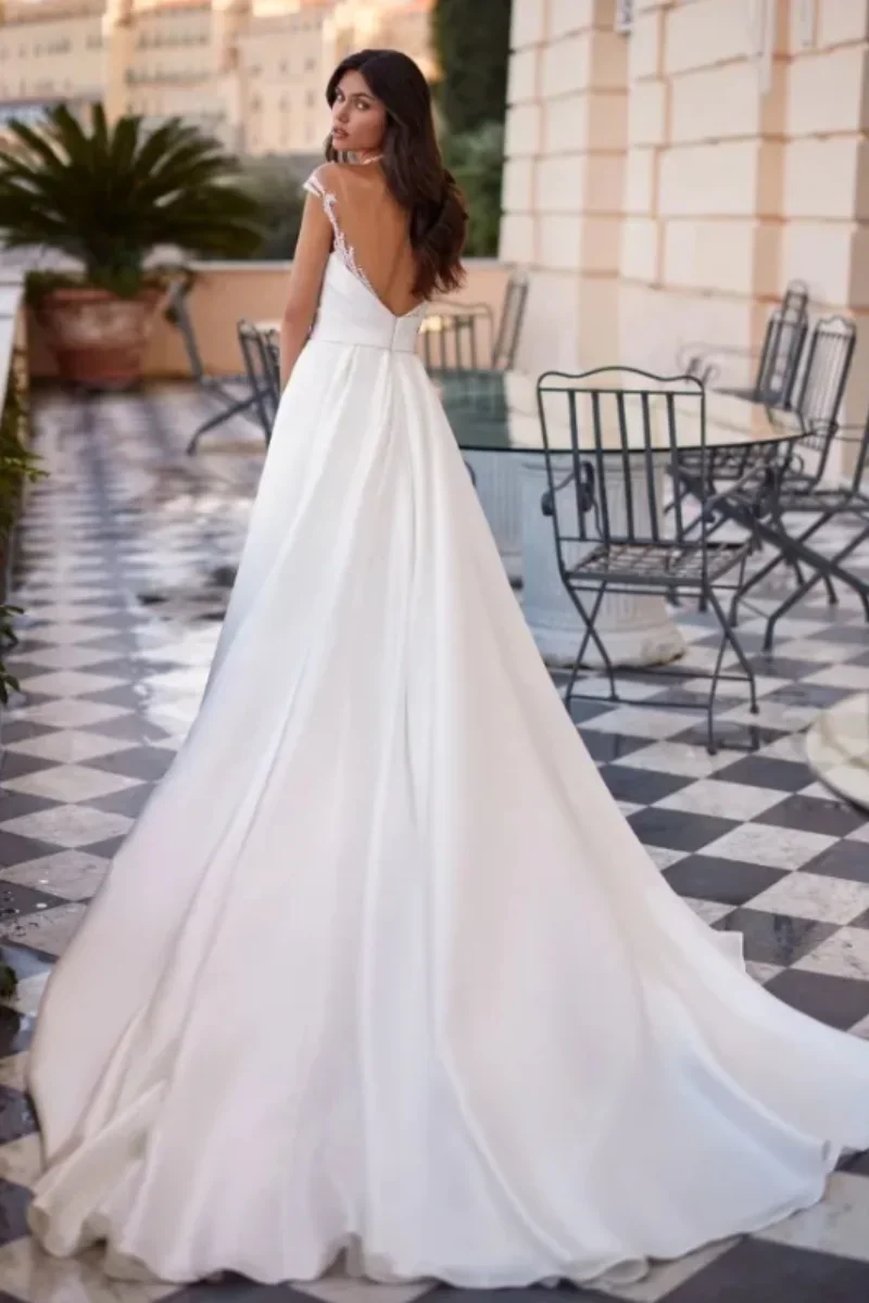 Exquisite Sheer Neck A Line Wedding Dresses Beaded Sequin Back Bridal Dress with Side Split Pleat Satin vestidos de novia