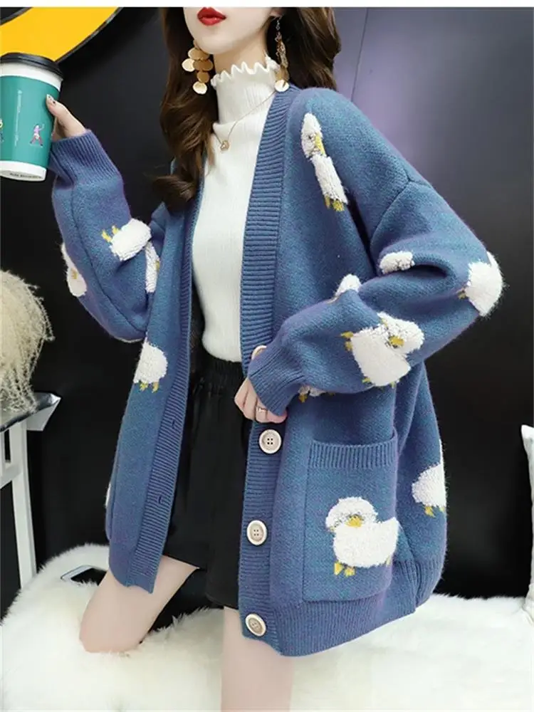 Spring  Autumn New Little Sheep Sweater Cardigan Women's Loose Outerwear Korean Version Lazy Style Knitwear Cardigan Coat Women