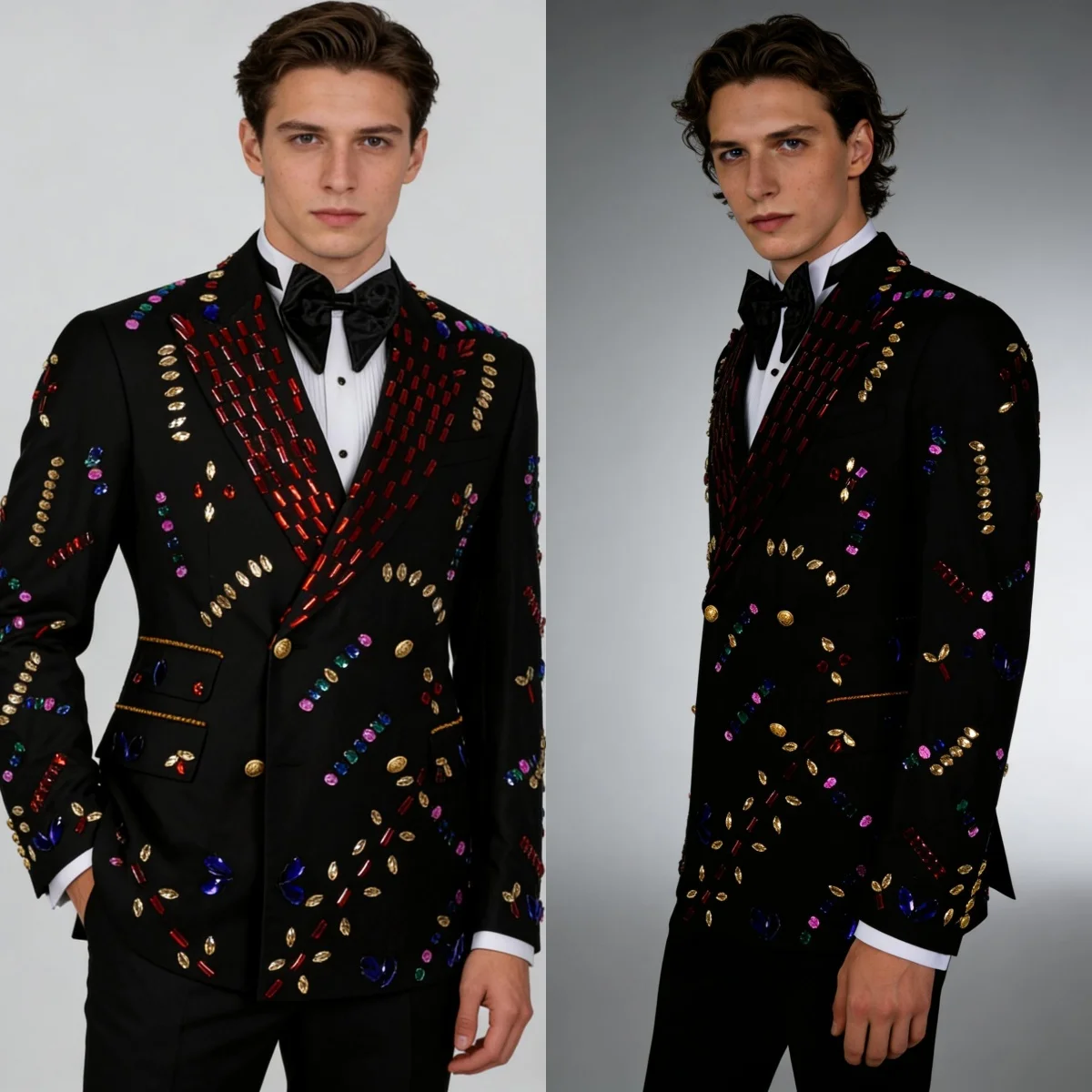 

Красочные мужские смокинги с кристаллами и бисером, комплект из 2 предметов, куртка, брюки, мужской костюм, красивый двубортный вечерний свадебный костюм для жениха по индивидуальному заказу