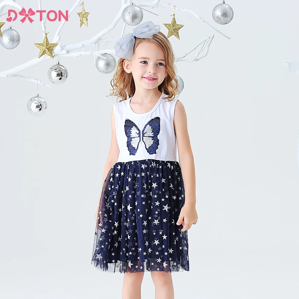 DXTON Girls Butterfly Sequined Dress Kids Sleeveless Summer Infantil Vestidos Children Tulle Mesh Princess Elegant Casual Dress
