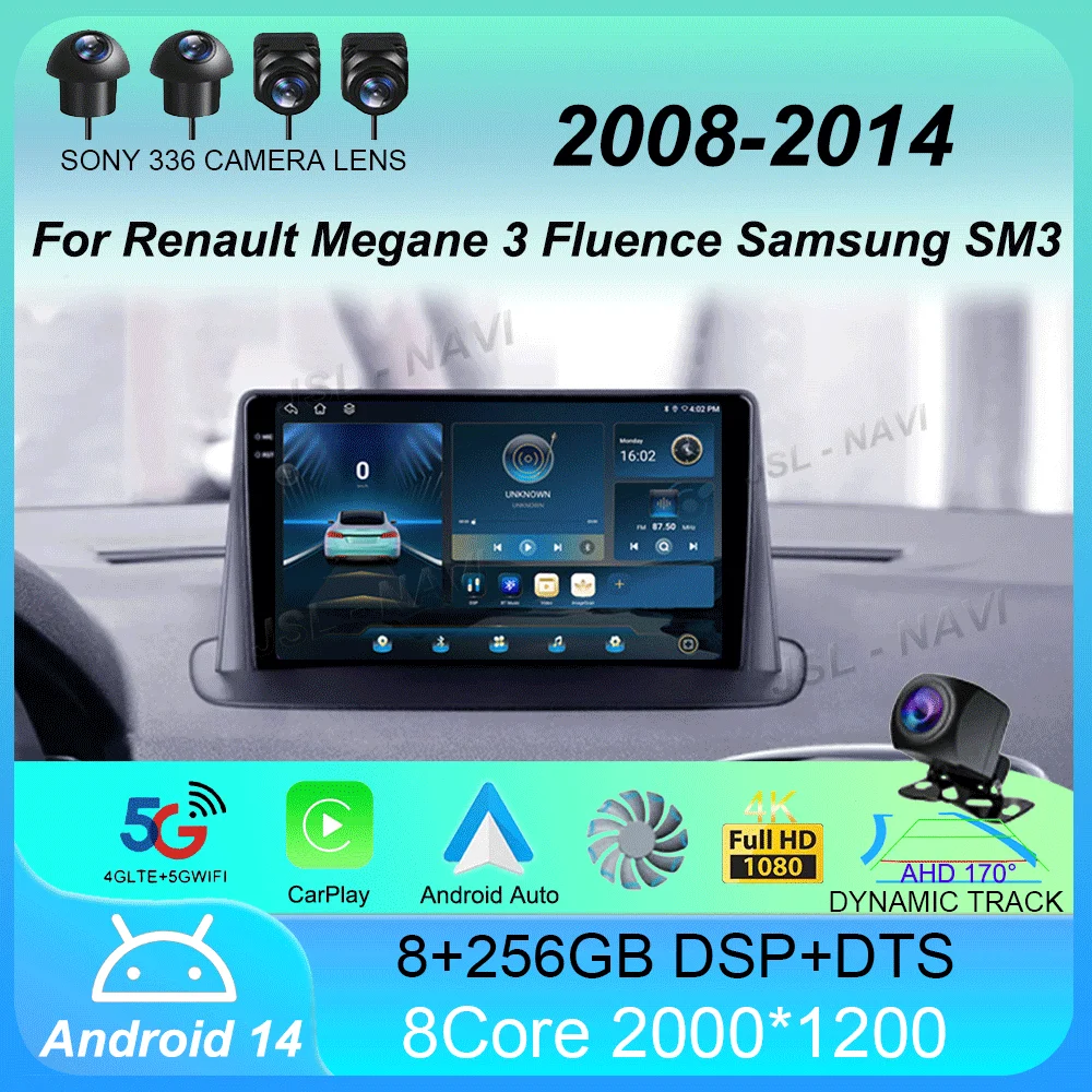 

Android14 For Renault Megane 3 Fluence Samsung SM3 2008 2009 20010 - 2014 Navigation Multimedia Car Radio Player DSP BT Carplay