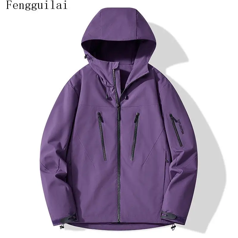 Unisex Color Block Hooded Outdoor Jacket Waterproof Windproof Full Zip Hiking Coat Multi Pockets Mountain Climbing Outerwear