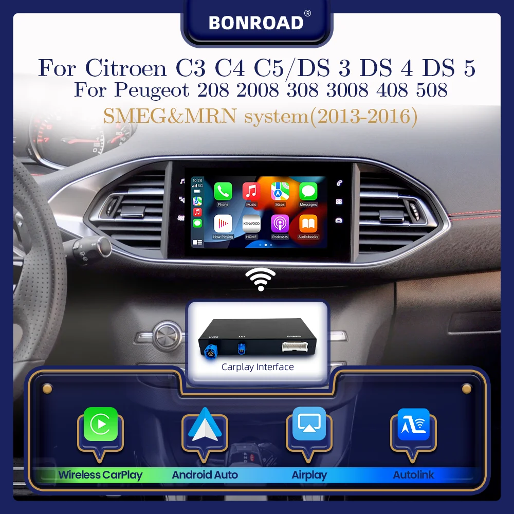 Adattatore Wireless BONROAD per Carplay e Android Auto per Peugeot Citroen DS3 DS4 DS5 208 2008 308 3008 408 508 C3 C4 C5 Modulo SMEG MRN