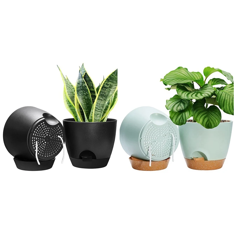 4-Pack 20CM Plant Pots, Indoor & Outdoor Flower Pots, Self Watering Planters With Drainage Holes And Saucer