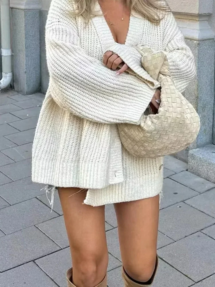 Foridol V-neck Oversize Beige Autumn Winter Women Knitted Long Sleeves Cozy Femme Casual Cardigans Sueter Mujer Loose Sweater