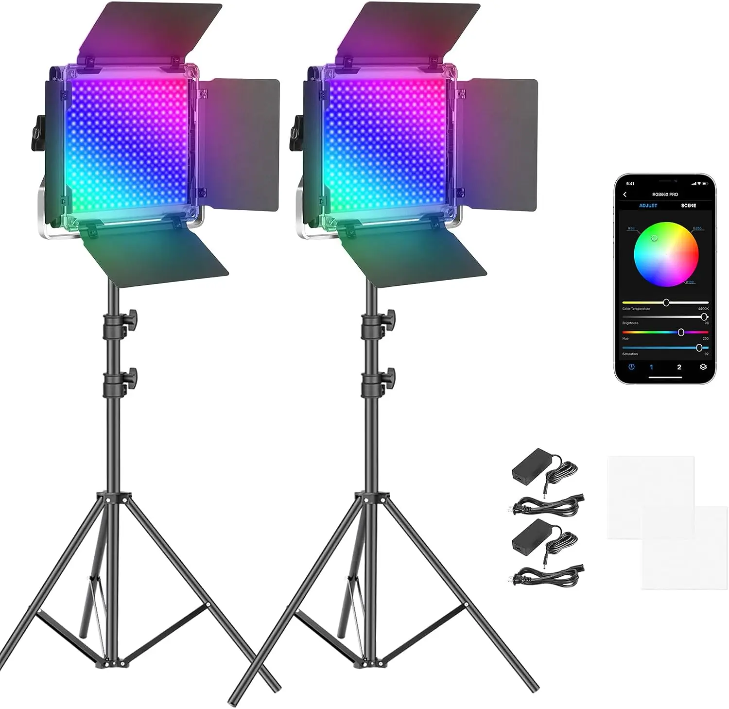 NEEWER 2 Pack 660 PRO RGB LED Video Light مع مجموعة حامل ثلاثي القوائم للتحكم في التطبيق، إضاءة مفتاح لوحة الاستوديو لبث الألعاب