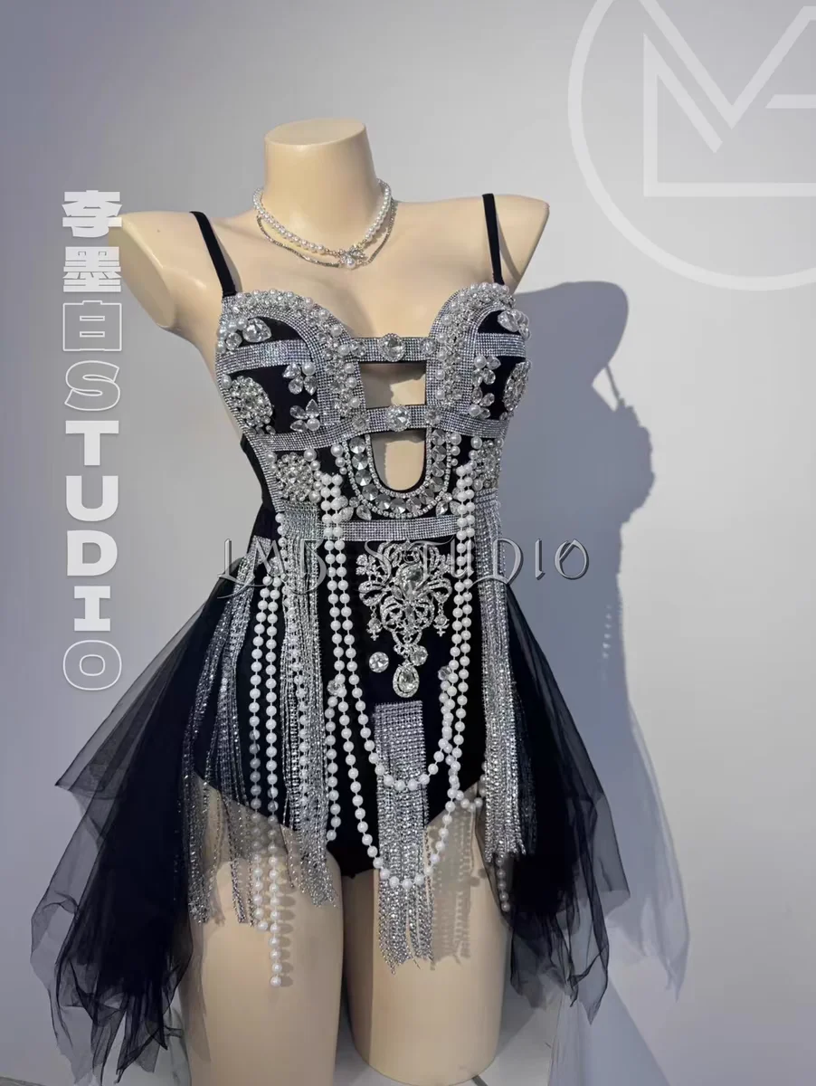 Luxury Sparkling Diamond Pearl Tassel Sexy Women High Slit Bodysuit Mesh Skirt Bar Nightclub Singer Stage Wear Party Prom Outfit