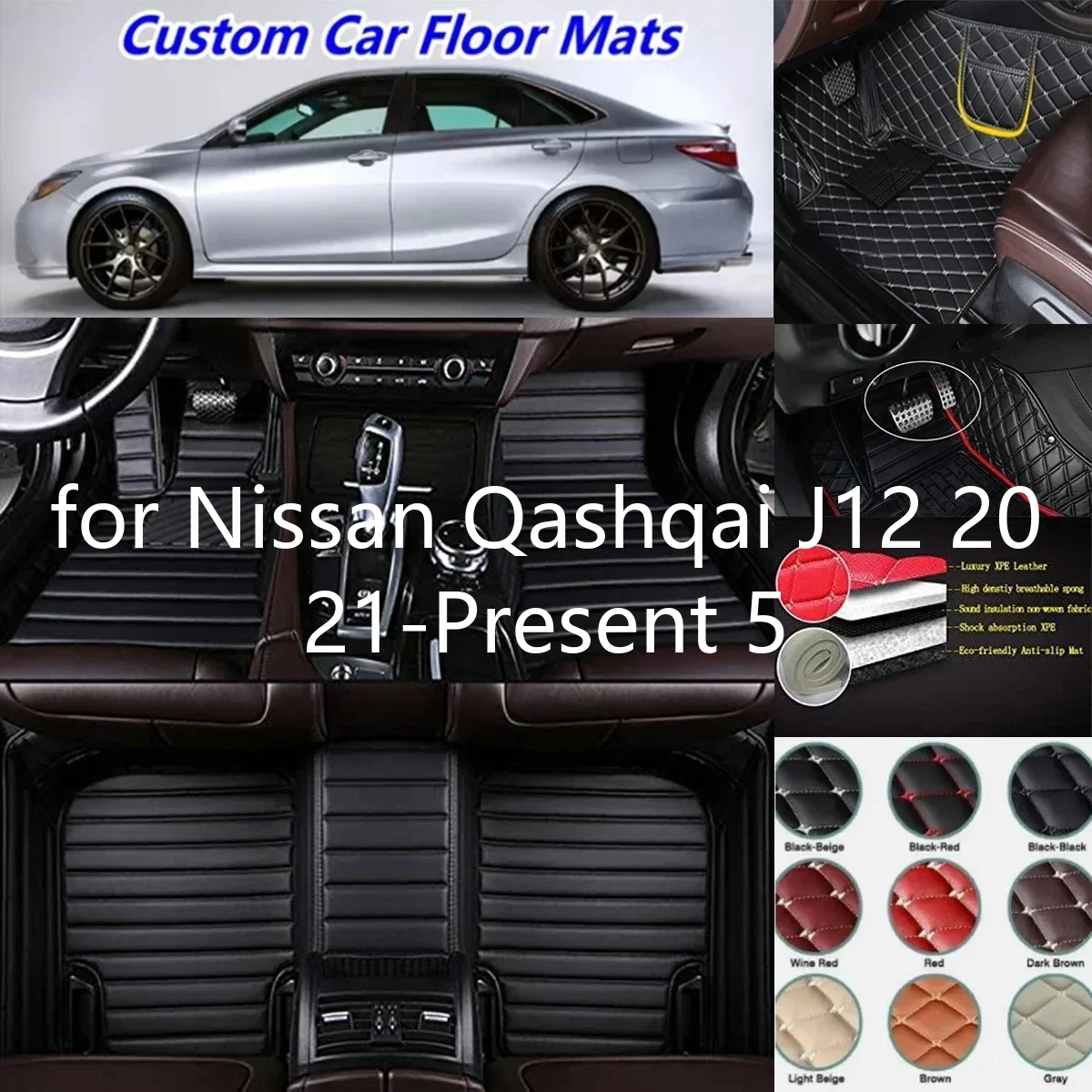 Tappetini per pavimento in pelle PU a copertura totale per Nissan Qashqai J12 2021-oggi, 5 posti, anti-sporco, resistenti all'usura, antiscivolo, tappeti personalizzati per auto, per veicoli elettrici