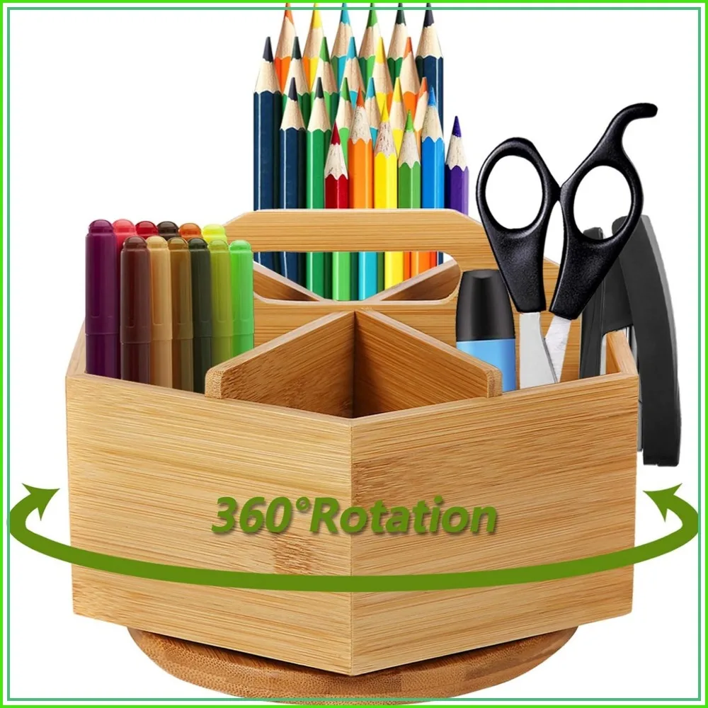 360° Rotating Bamboo Pencil Holder, 6-Compartment Desk Organizer for Art Supplies, Pens, Markers, Brushes