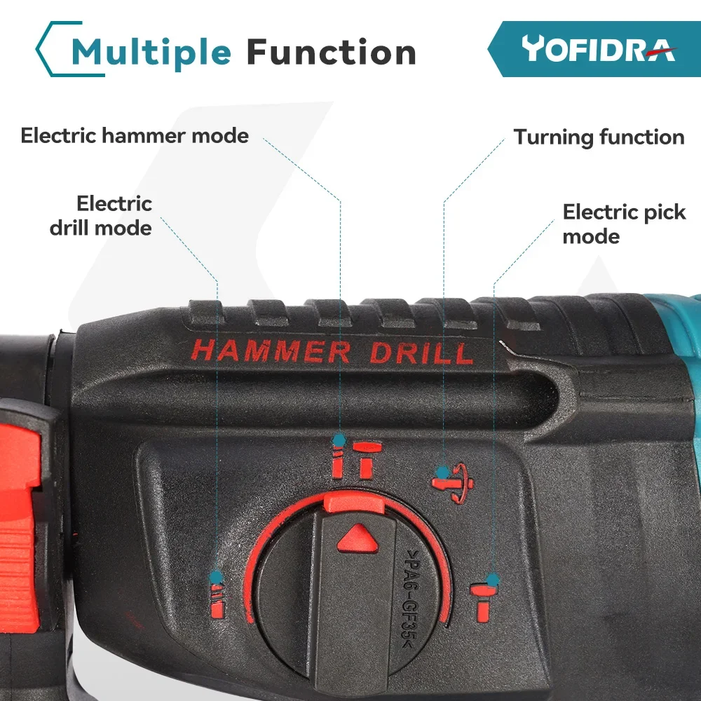 Yofidra 브러시리스 전기 해머 드릴, 무선 다기능 전기 픽 로터리 도구, Makita 18V 배터리용, 26mm