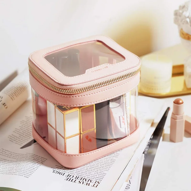 Rownyeon Portable Pink Clear PVC Square Travel Make up Pouch Cosmetic Bag