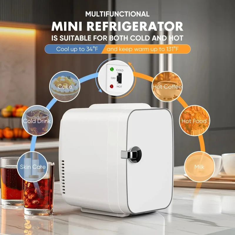 EDX Mini Fridge, Portable RV Refrigerator, 4 Liter/6 Can Compact Personal Cooler for Home, Car, Outdoor,, White