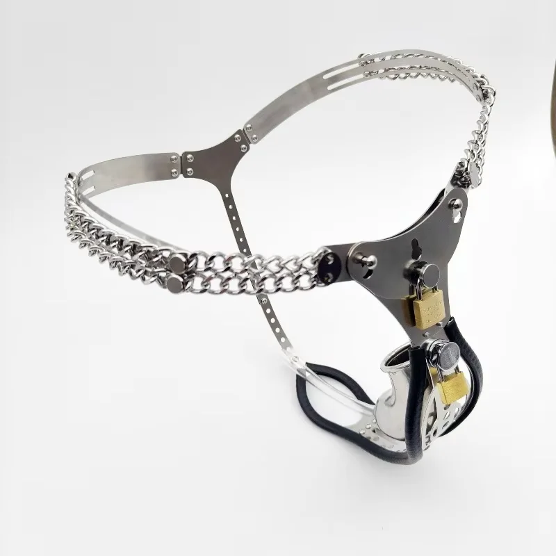 Double Metal Chain Waist Strap Male Chastity Belt Stainless Steel Penis Cage Brass Locks Ergonomic Guarded Adult Restraint Devic view 2