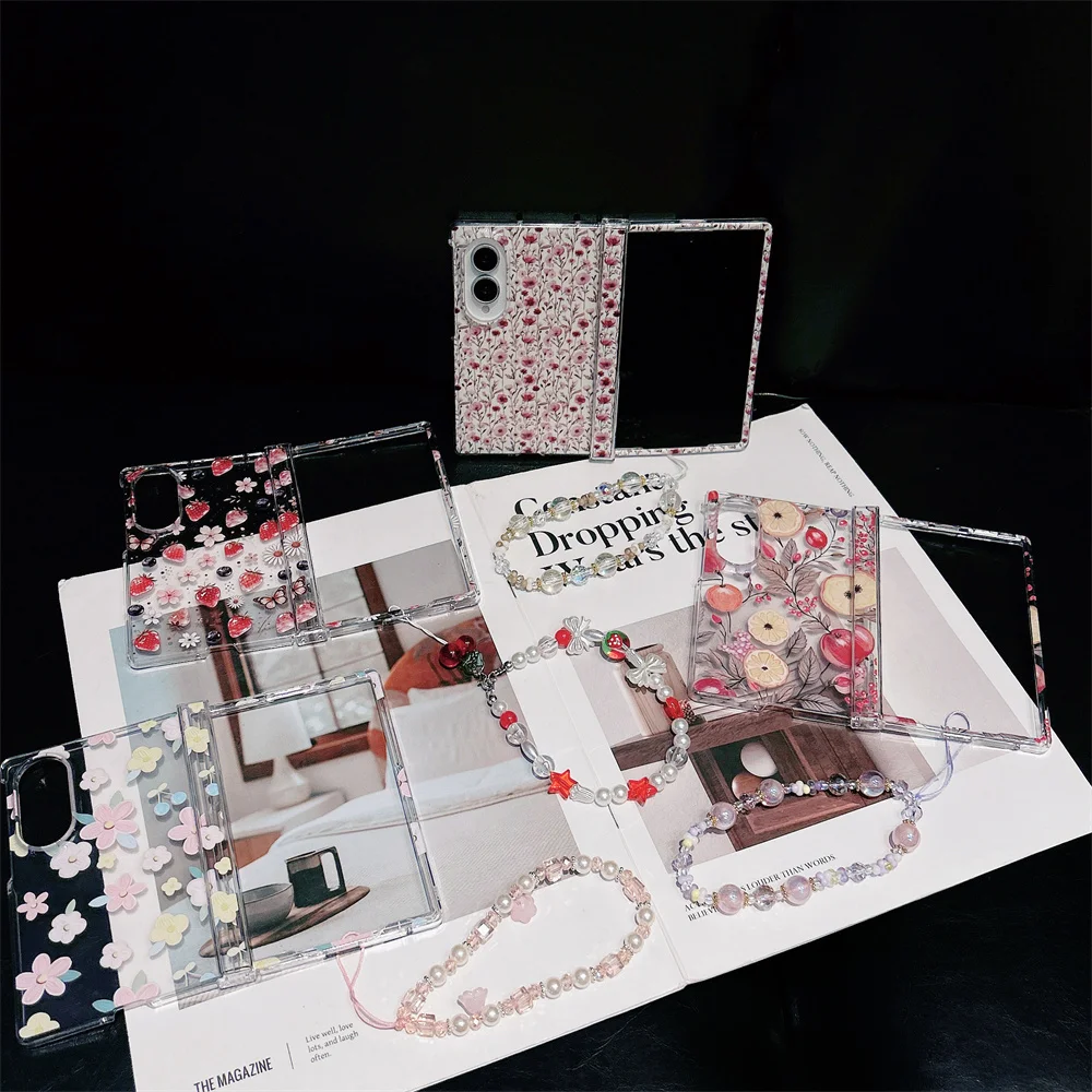 Korean Fashion Red Flower Phone case for Samsung Galaxy Z Fold 8 Cover With Chain Cute Shockproof Cover Galaxy Z Fold Cases
