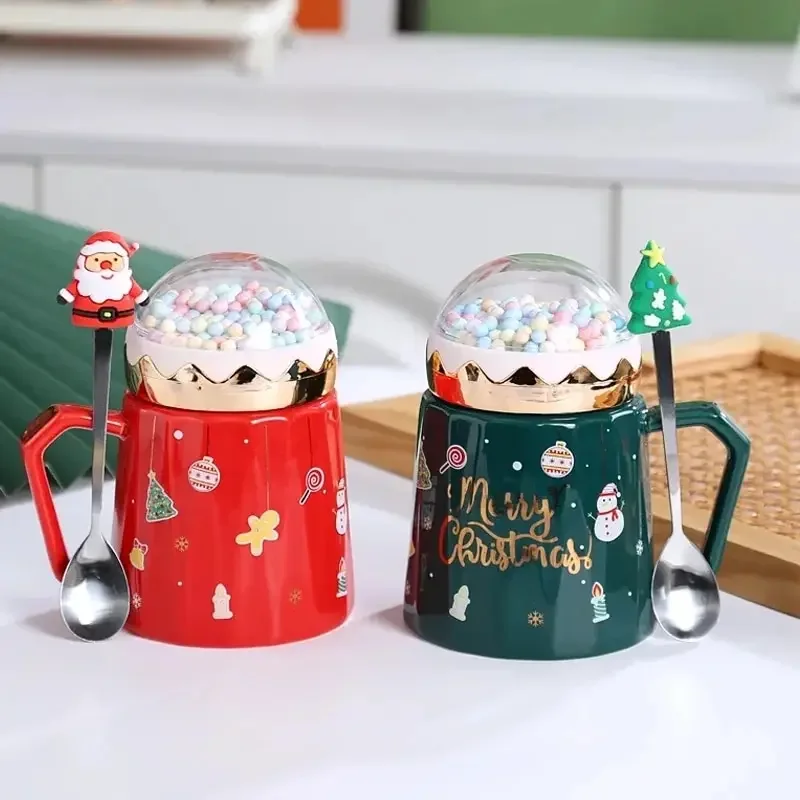 Christmas Mugs With Lid And Santa Claus Spoon Europe Creative Planet Ceramic Cup  Coffee Milk Or Tea Xmas Gift Drinking