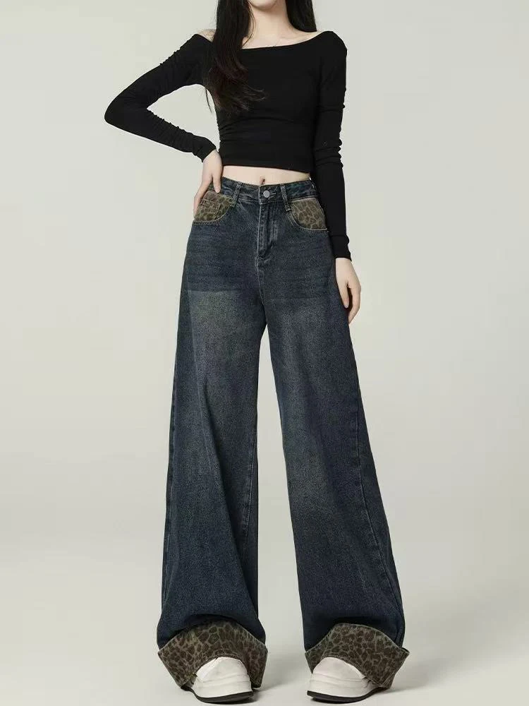 

Винтажные лоскутные джинсы с леопардовым принтом, женские свободные уличные брюки Y2K, широкие джинсовые брюки с высокой талией, брюки в стиле хип-хоп